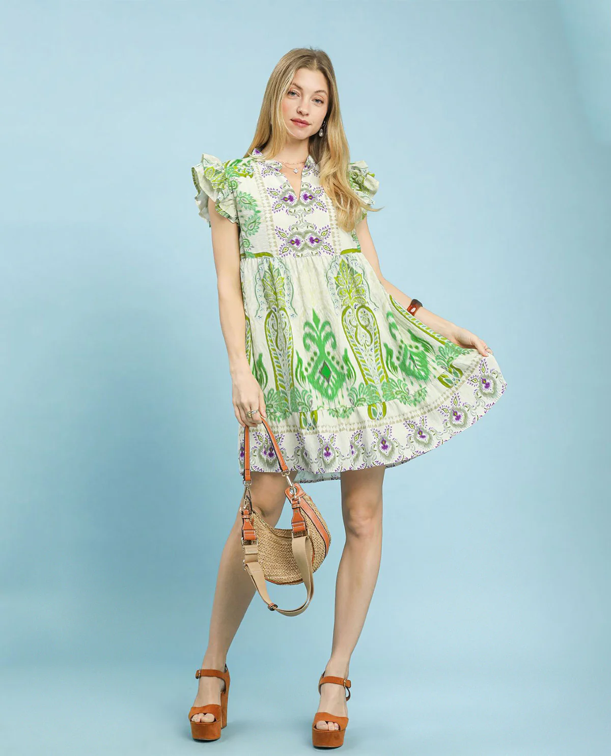 Umgee V-Neck Ruffle Tiered Dress Green - Image 2
