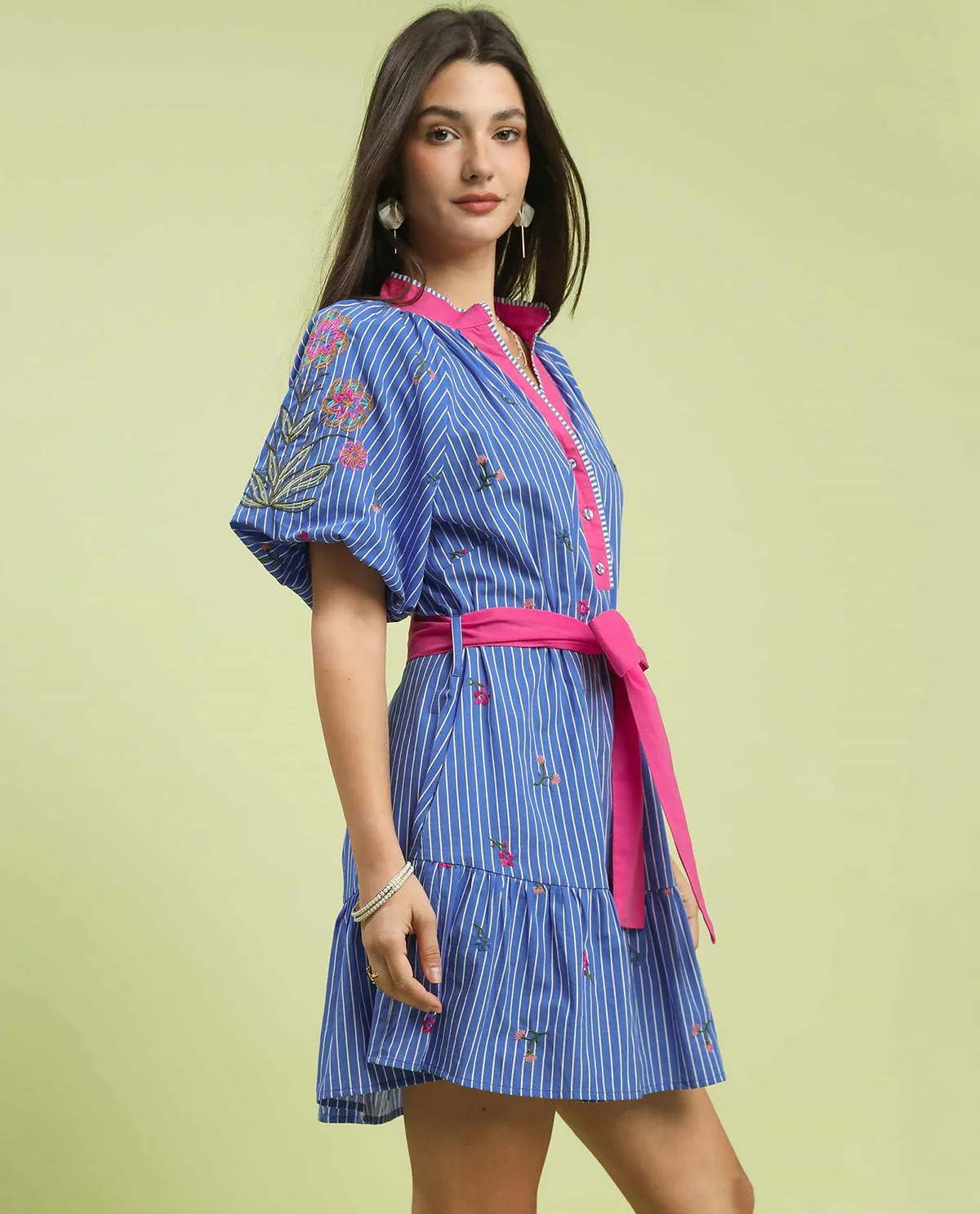 Umgee V-Neck Embroidered Stripe Dress Blue - Image 2