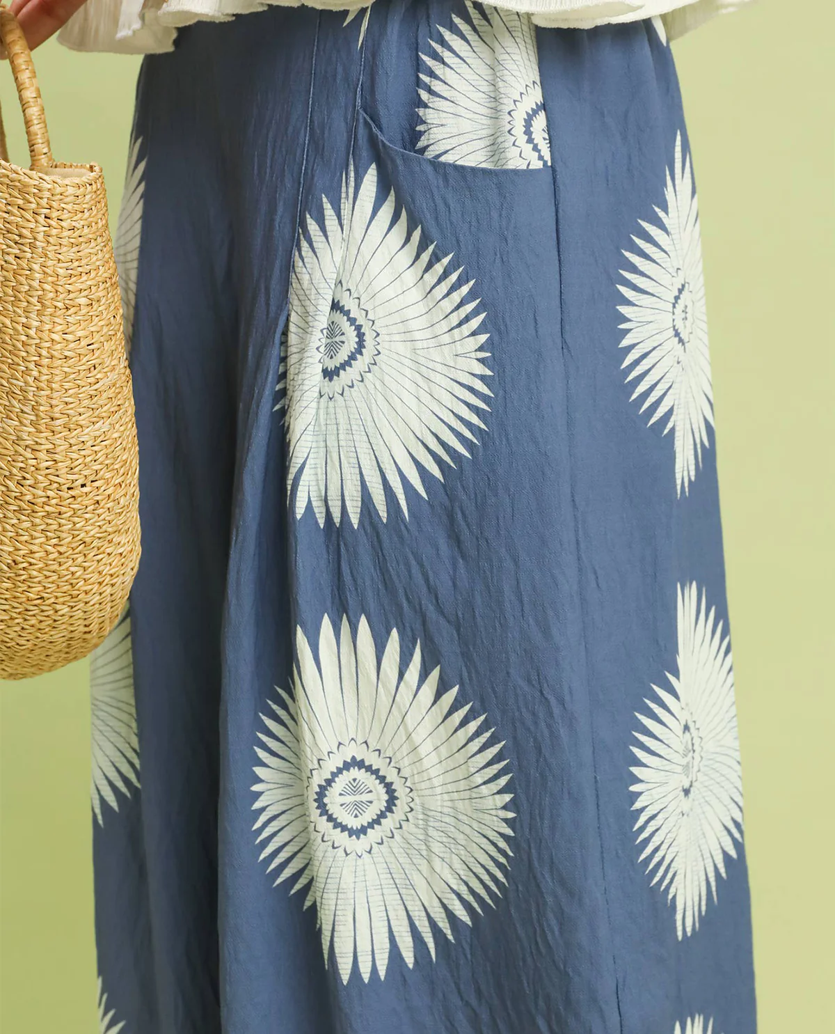 Umgee Wide Leg Print Pant Denim Blue - Image 2